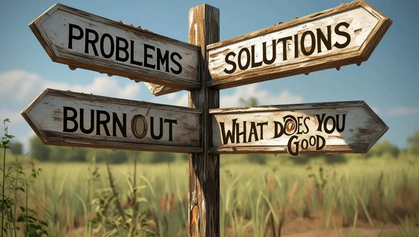 A crossroad sign showing different life paths including problems, solutions, burnout, and what does you good